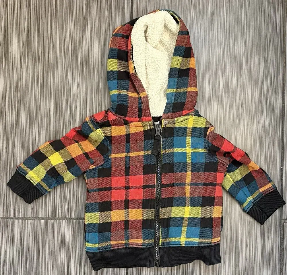 Hanna Andersson Sherpa Lined Hoodie Rainbow Plaid Size 12-18 Months